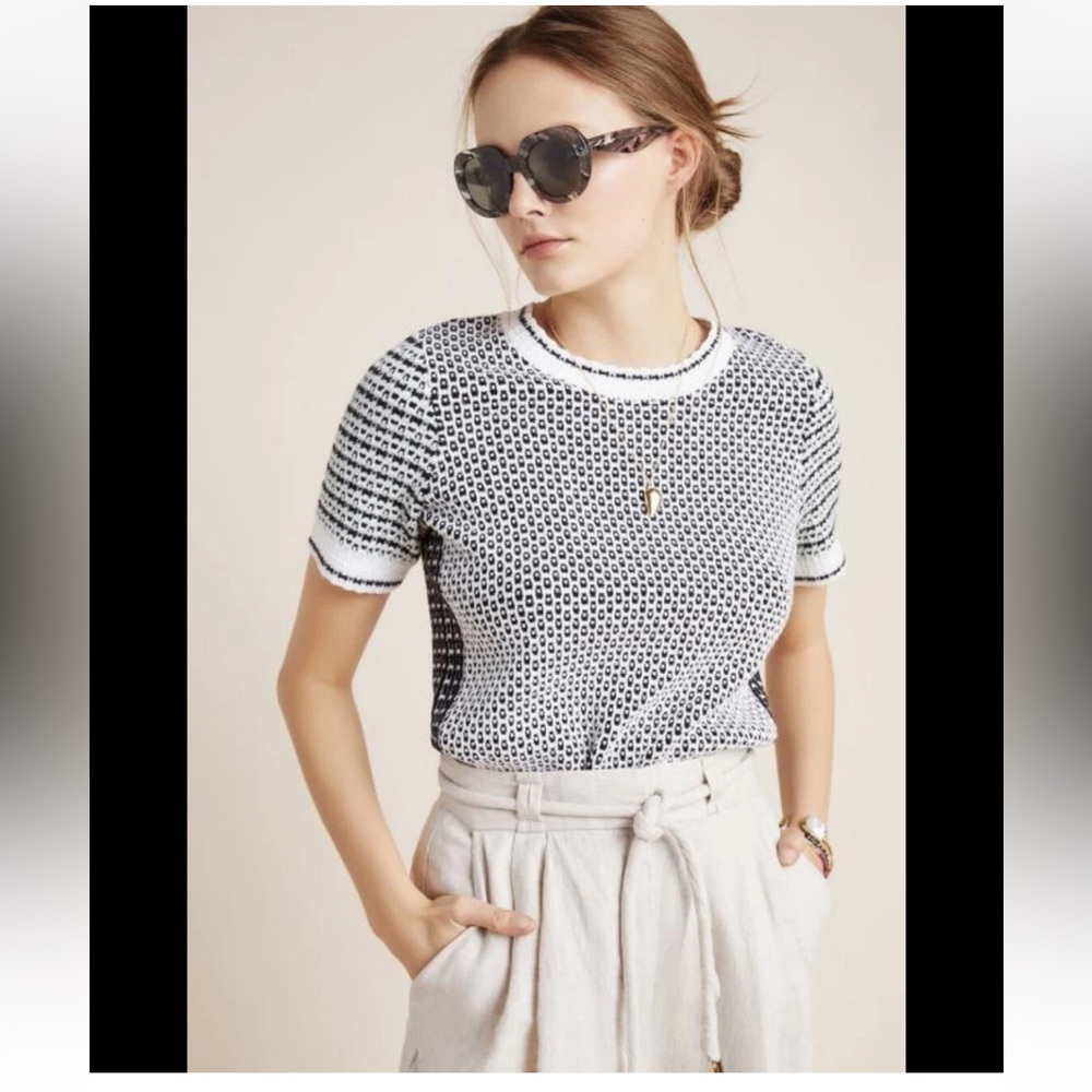*Anthropologie Petite XL Black & White Keaton Geometric  Short Sleeve Sweater #O